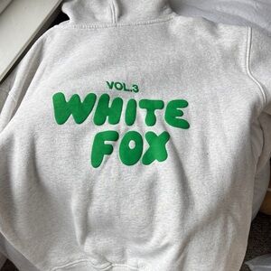 White Fox Boutique Light Gray Hoodie with Green Text